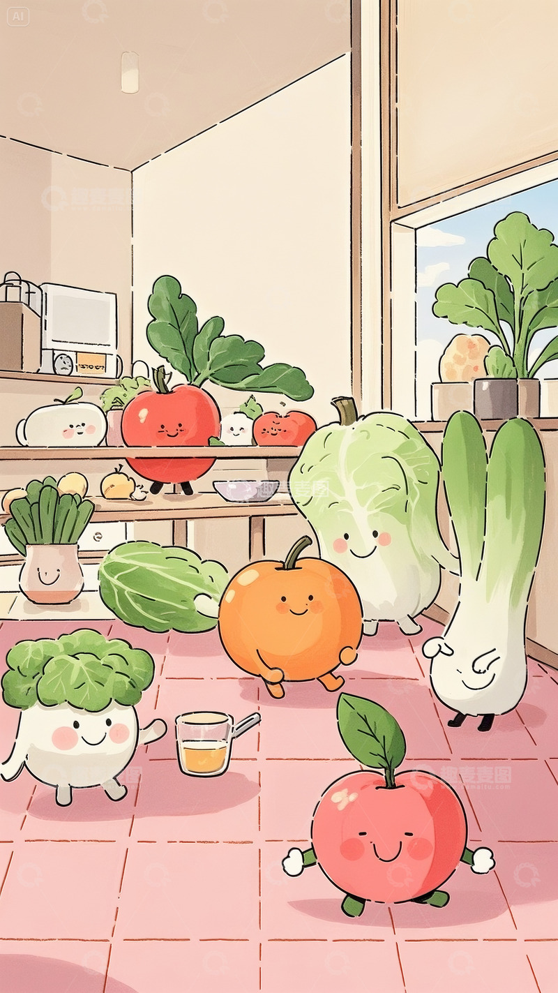 高清大图下载【趣麦麦图】卡通蔬菜厨房插画