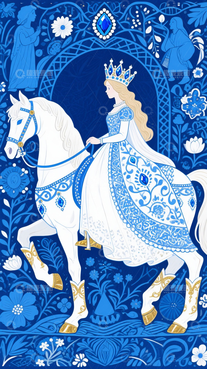高清大图下载【趣麦麦图】蓝色童话公主骑马插画