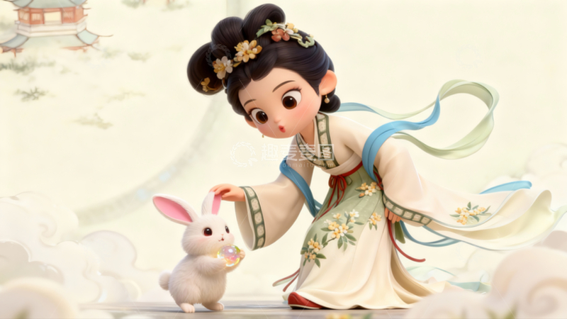 高清大图下载【趣麦麦图】3D渲染中秋嫦娥仙子玉兔场景插画素材