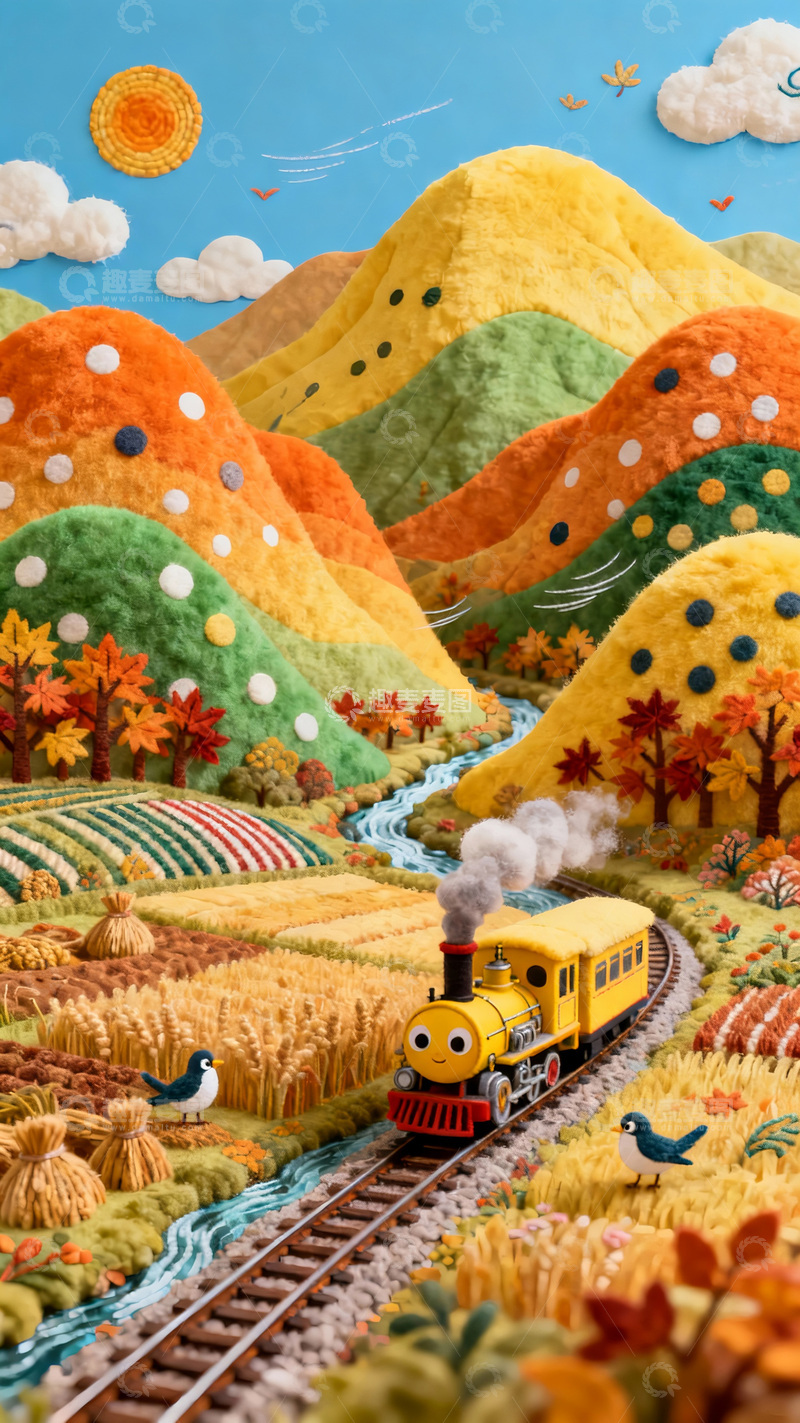 高清大图下载【趣麦麦图】秋天毛毡风田园火车插画素材