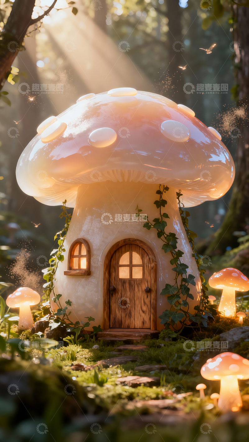 高清大图下载【趣麦麦图】3D渲染森林蘑菇屋童话场景插画素材