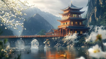 角楼桥梁湖泊鲜花