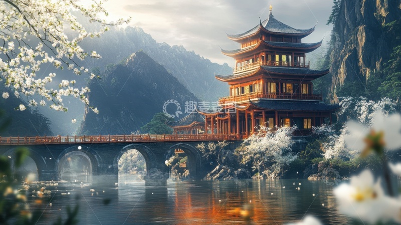 高清大图下载【趣麦麦图】角楼桥梁湖泊鲜花