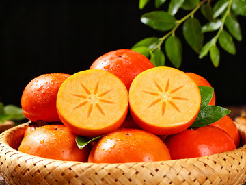 竹篮里的多汁甜柿子