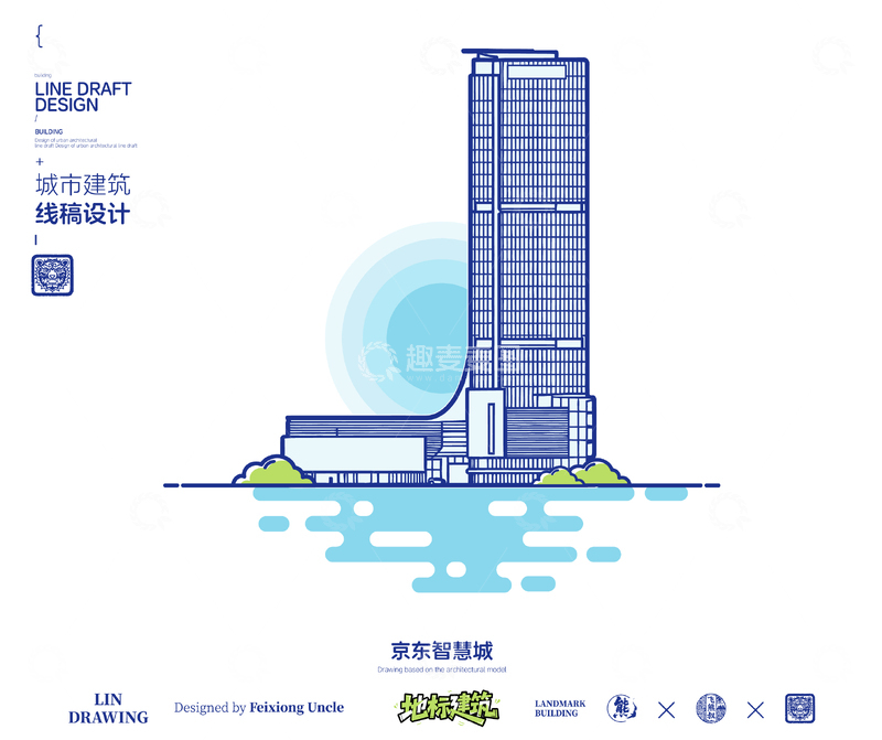 源文件下载【趣麦麦图】-宿迁京东智慧城城市地标矢量建筑线描海报