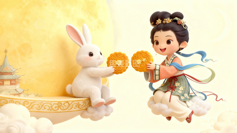 高清大图下载【趣麦麦图】3D风中秋女孩玉兔赏月场景插画素材
