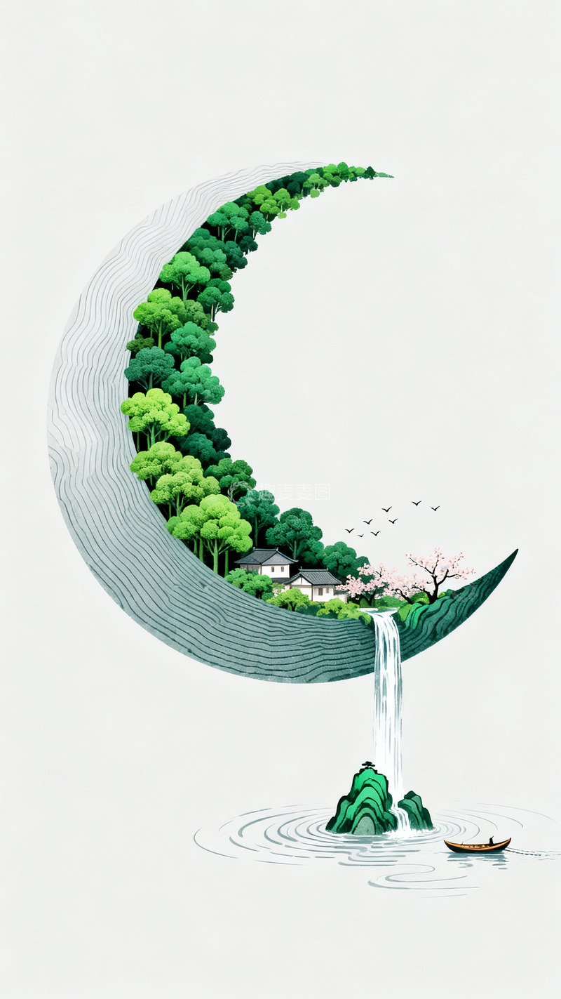 高清大图下载【趣麦麦图】新月山水水墨画插画