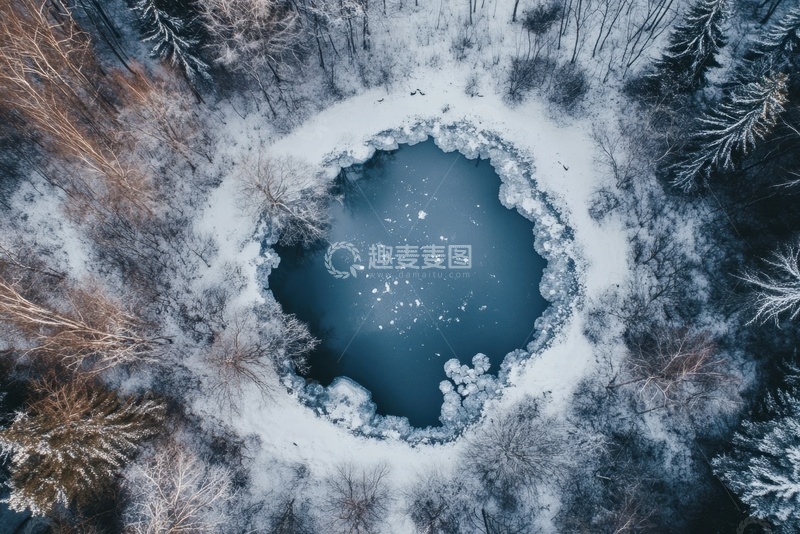 高清大图下载【趣麦麦图】冬季森林湖泊俯视图