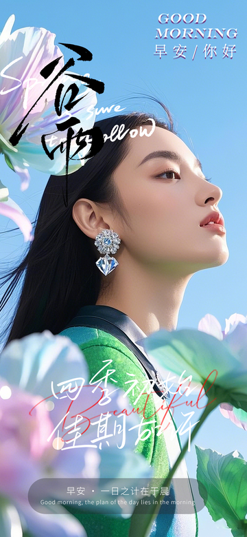 春日早安花卉美人海报