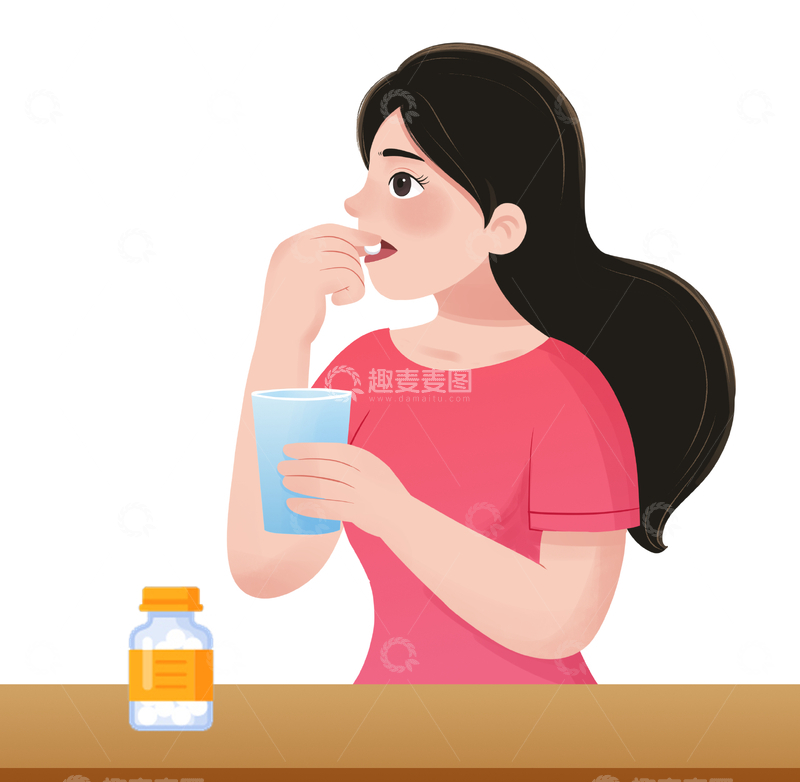源文件下载【趣麦麦图】-女孩手持水杯服用药片辅助生殖医用插画