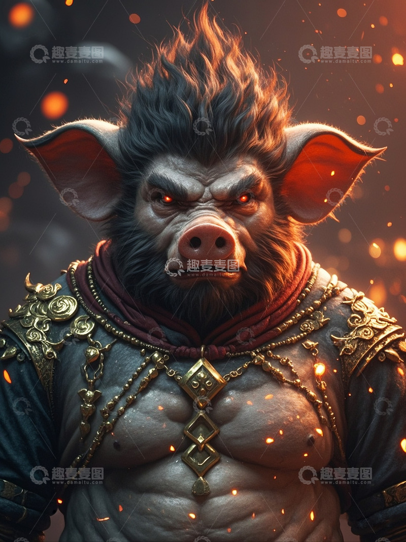 高清大图下载【趣麦麦图】火焰猪刚鬣神话人物插画