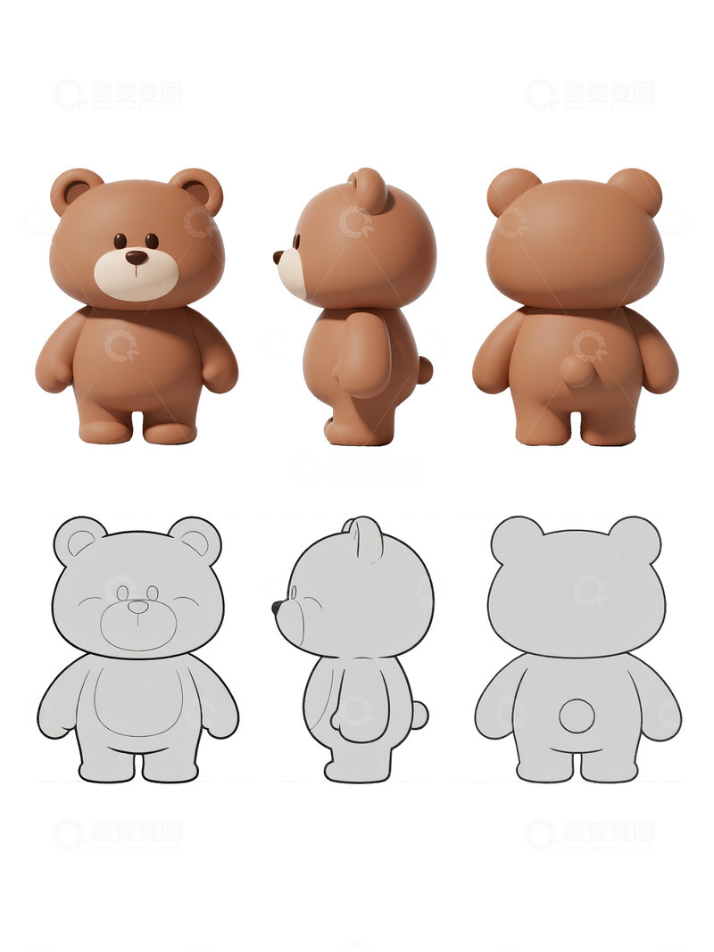 棕色小熊卡通形象多视角设计图