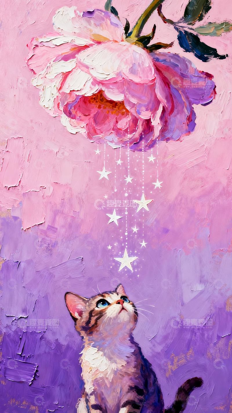 高清大图下载【趣麦麦图】梦幻猫花朵星绘油画