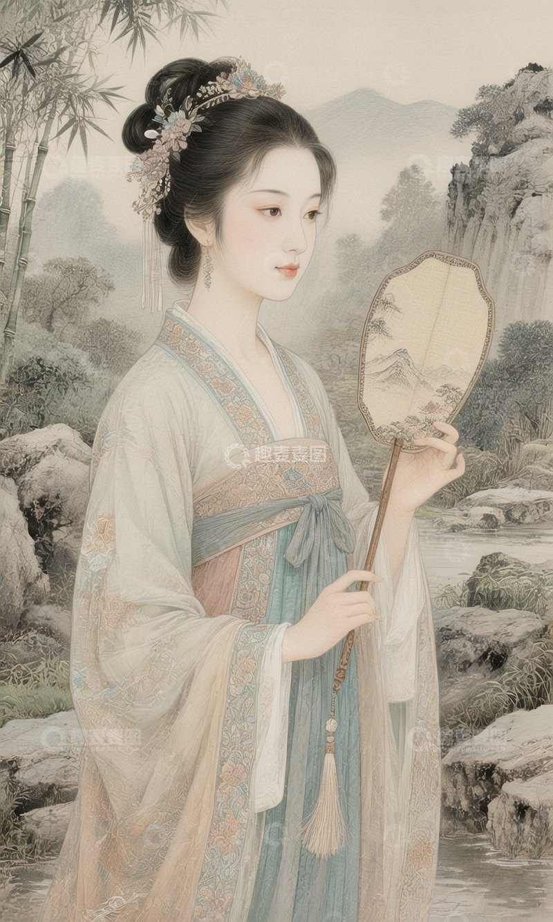 高清大图下载【趣麦麦图】古风仕女执扇图3
