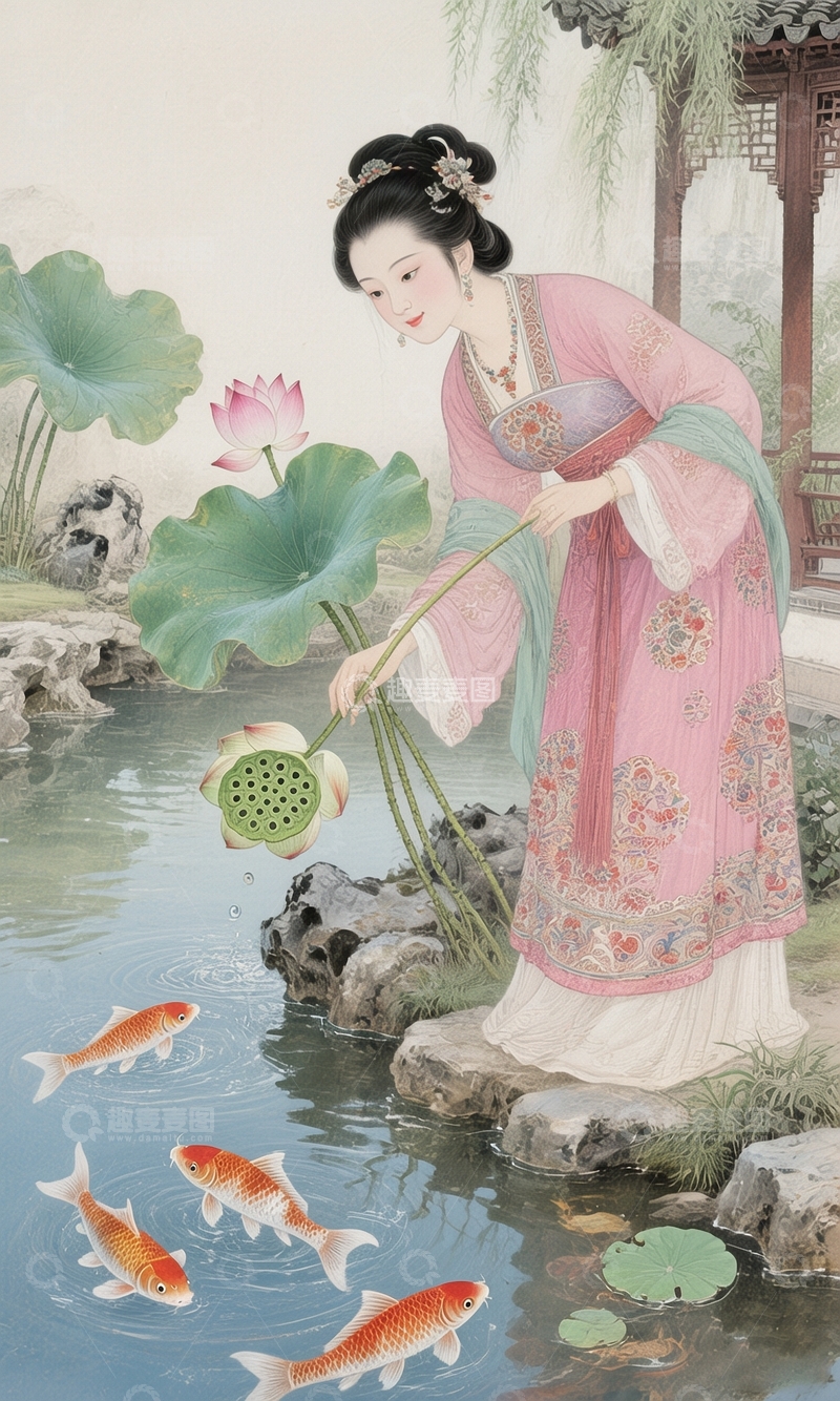 高清大图下载【趣麦麦图】古风仕女赏荷图1