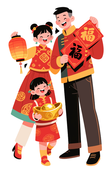 新年喜庆插画一家三口