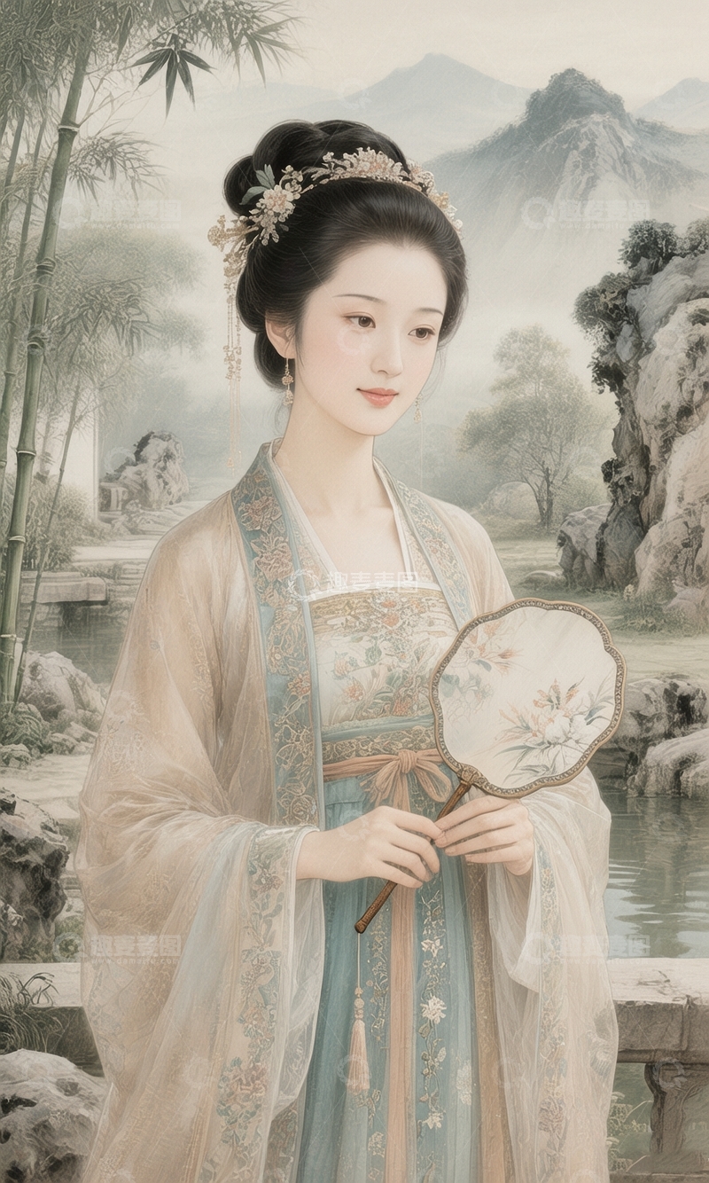 高清大图下载【趣麦麦图】古风仕女执扇图2