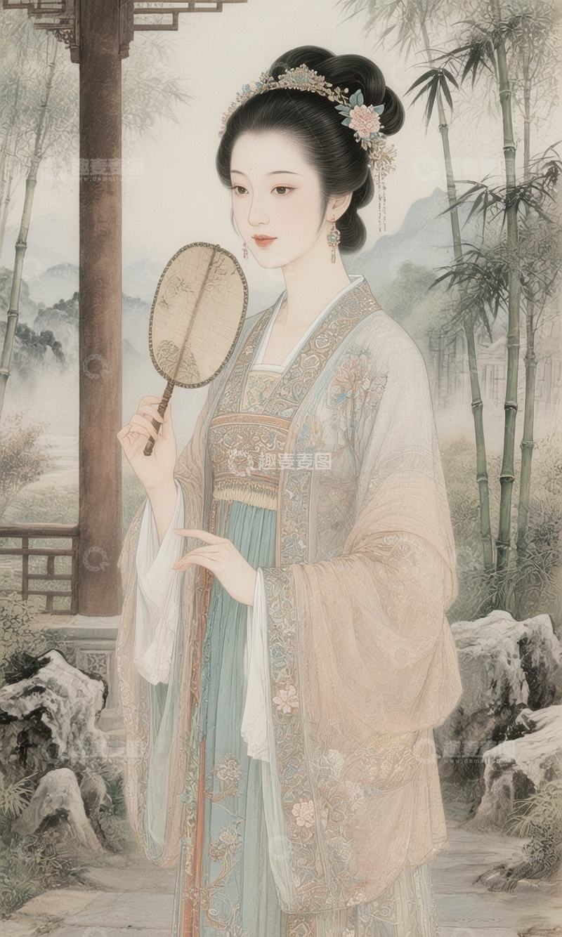 高清大图下载【趣麦麦图】古风仕女执扇图5
