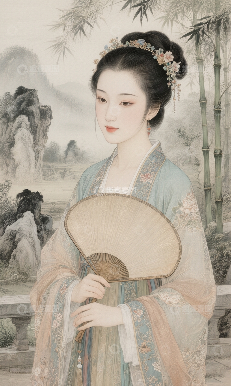高清大图下载【趣麦麦图】古风仕女执扇图7