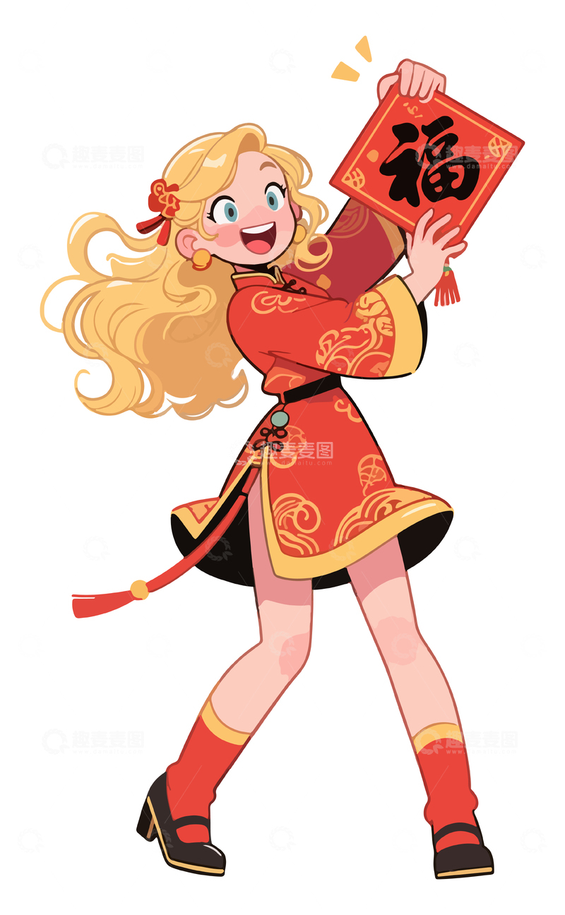 卡通春节喜庆女孩插画