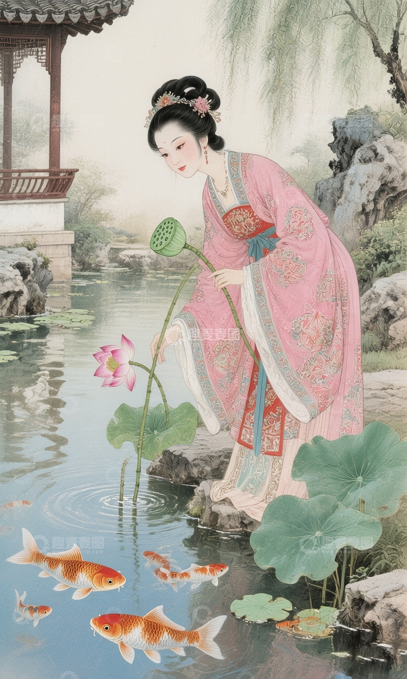 高清大图下载【趣麦麦图】古风仕女赏荷图2