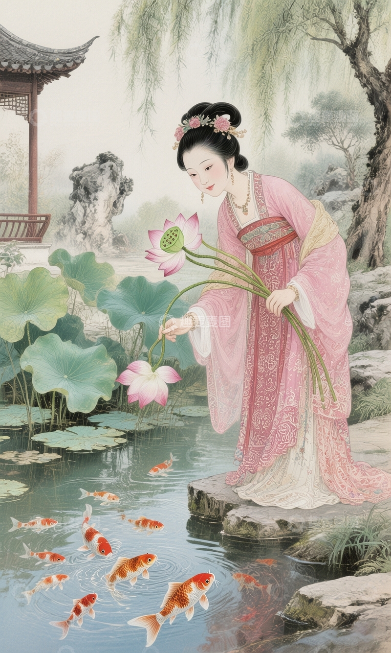 高清大图下载【趣麦麦图】古风仕女赏荷图4