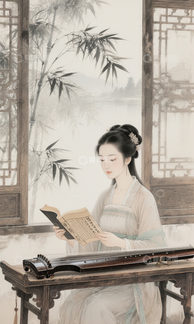 高清大图下载【趣麦麦图】-古风女子窗前读书2