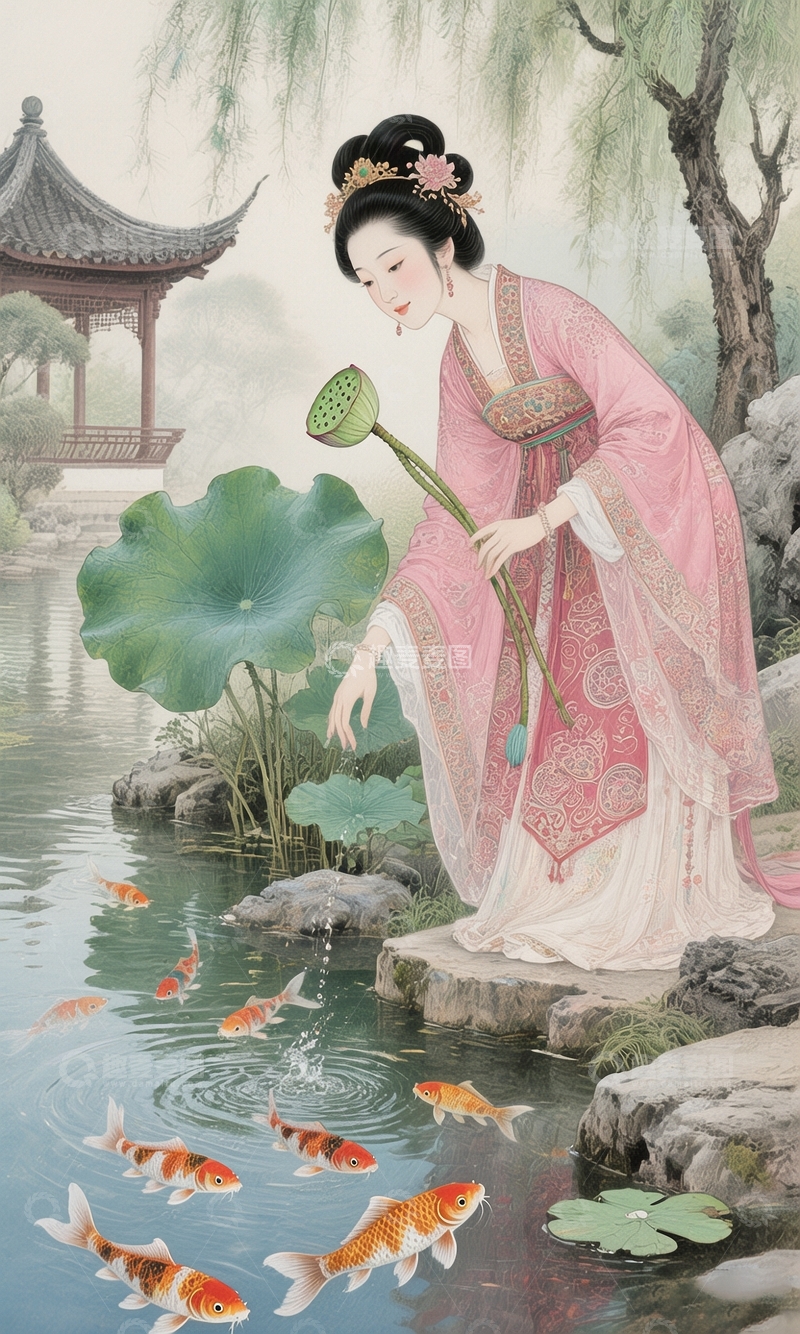 高清大图下载【趣麦麦图】古风仕女赏荷图3