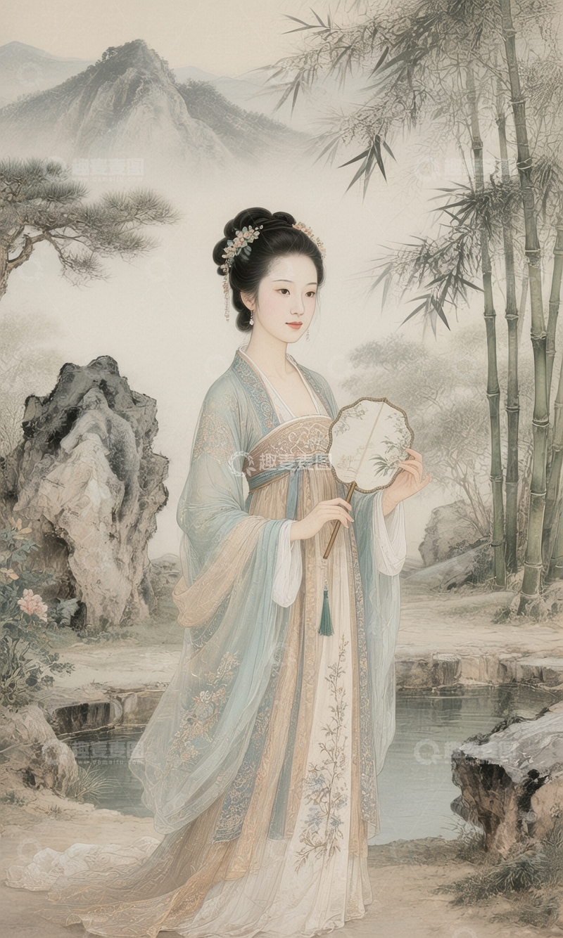 高清大图下载【趣麦麦图】古风仕女执扇图1
