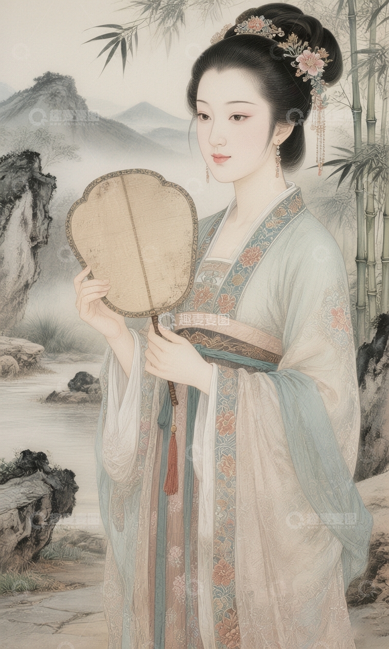 高清大图下载【趣麦麦图】古风仕女执扇图6
