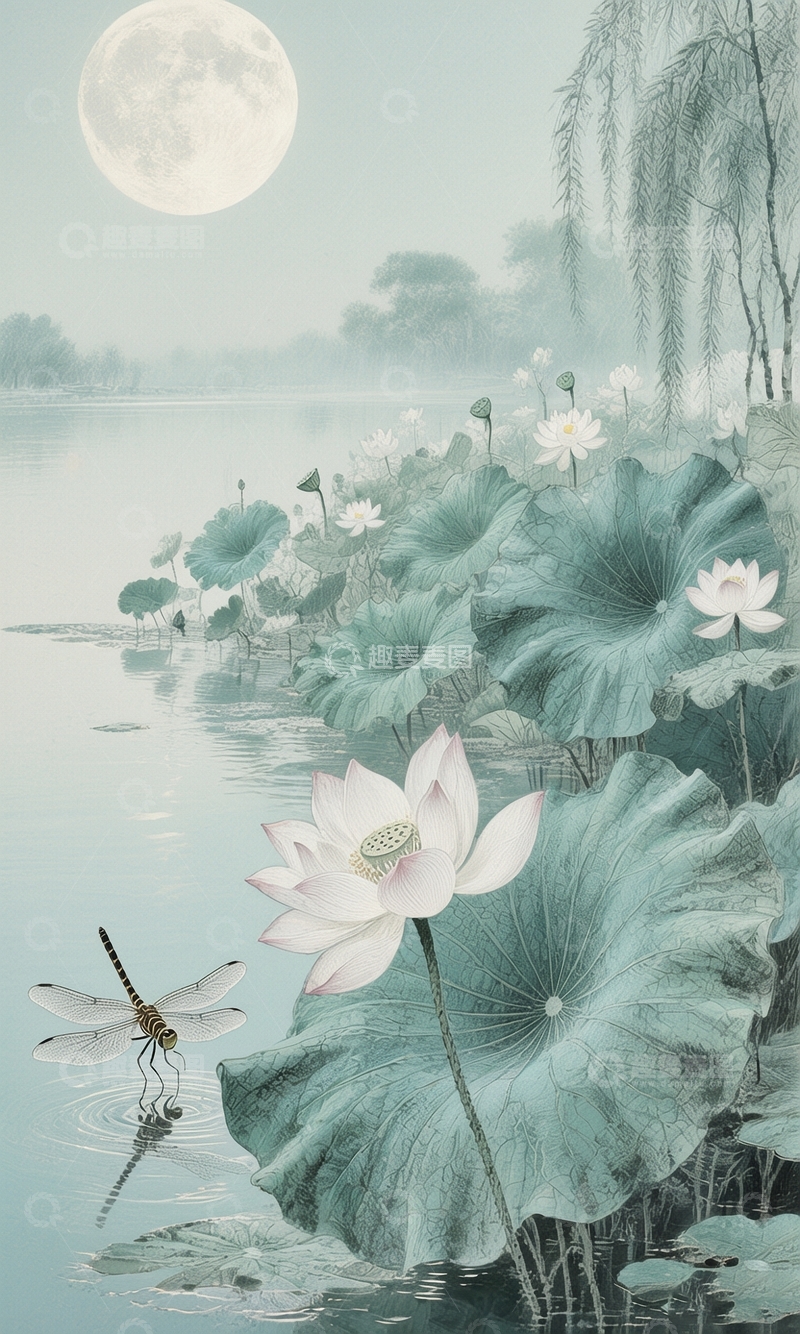 高清大图下载【趣麦麦图】月下荷花池景2