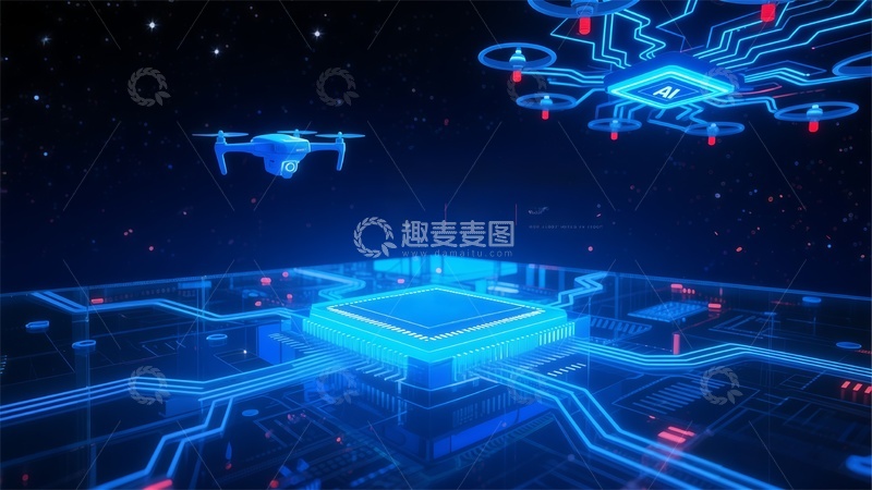 高清大图下载【趣麦麦图】科幻蓝色未来主义无人机芯片科技广告背景