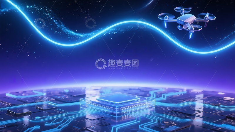 高清大图下载【趣麦麦图】科幻蓝色未来主义无人机芯片广告背景