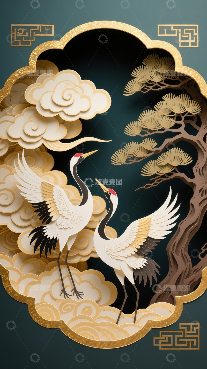 高清大图下载【趣麦麦图】国风剪纸浮雕艺术仙鹤祥云
