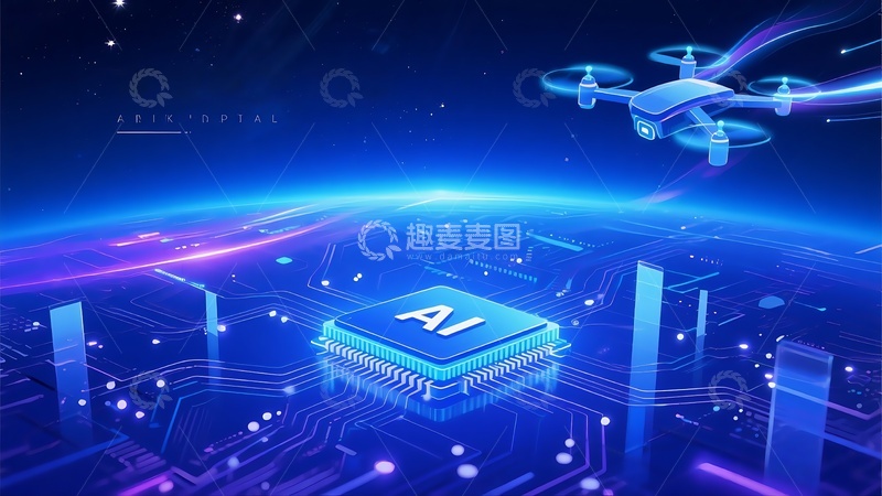 高清大图下载【趣麦麦图】科幻蓝色未来主义无人机芯片背景