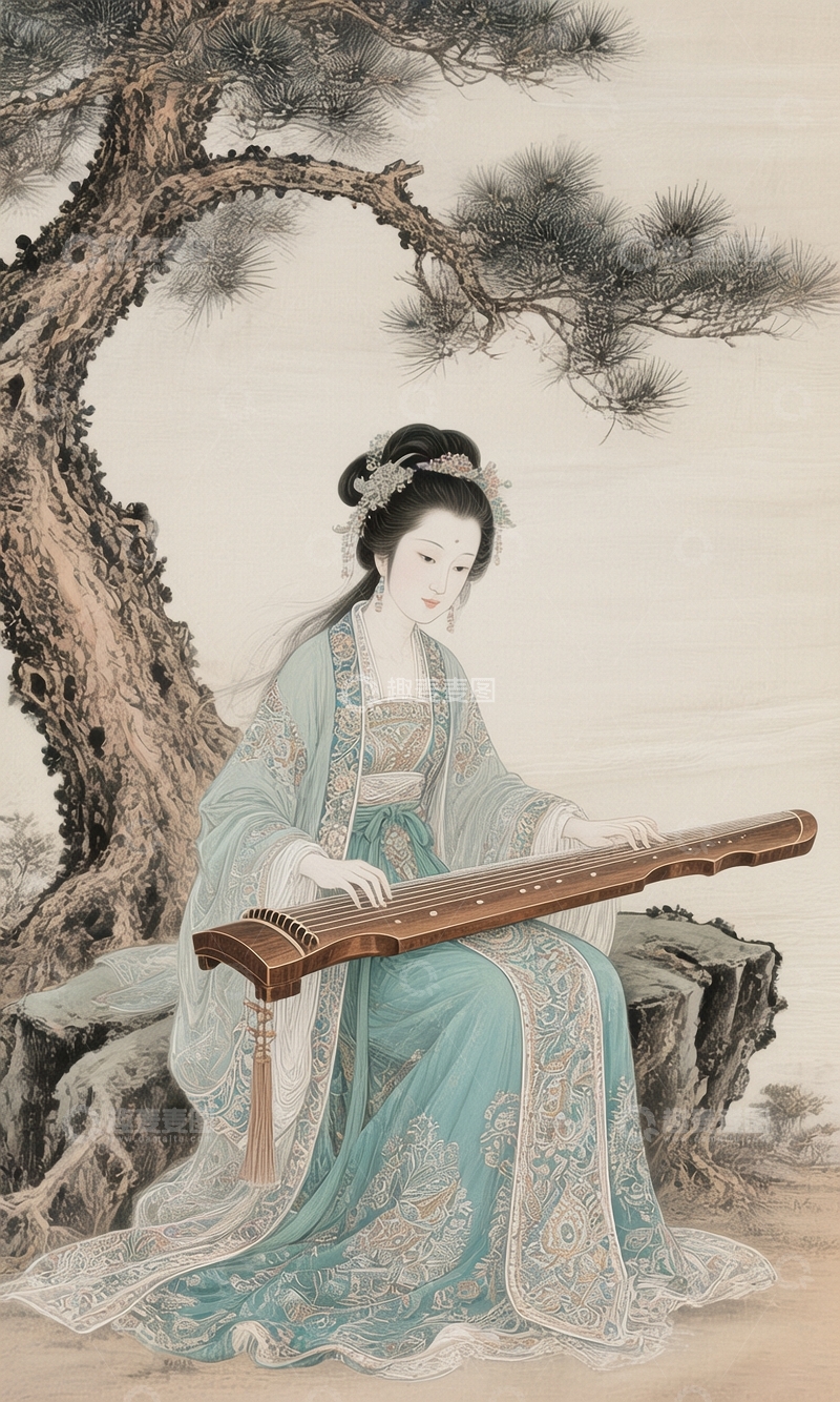 高清大图下载【趣麦麦图】松树下的古筝美人4