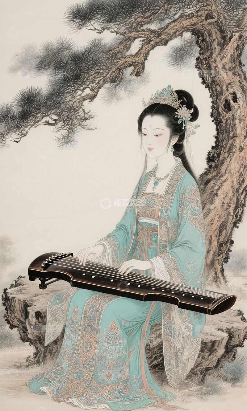 高清大图下载【趣麦麦图】松树下的古筝美人2