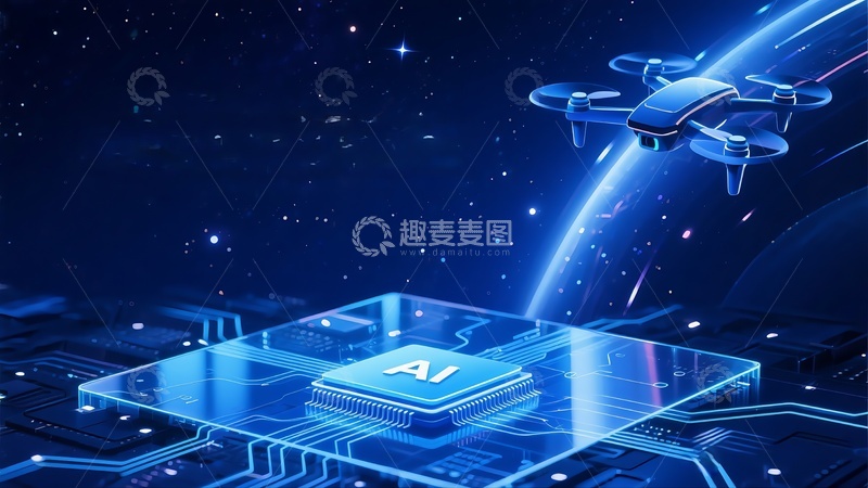 高清大图下载【趣麦麦图】科幻未来主义无人机芯片蓝色背景