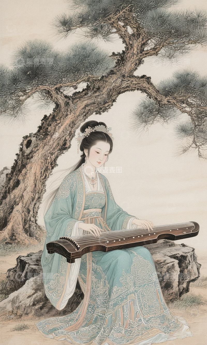 高清大图下载【趣麦麦图】松树下的古筝美人3