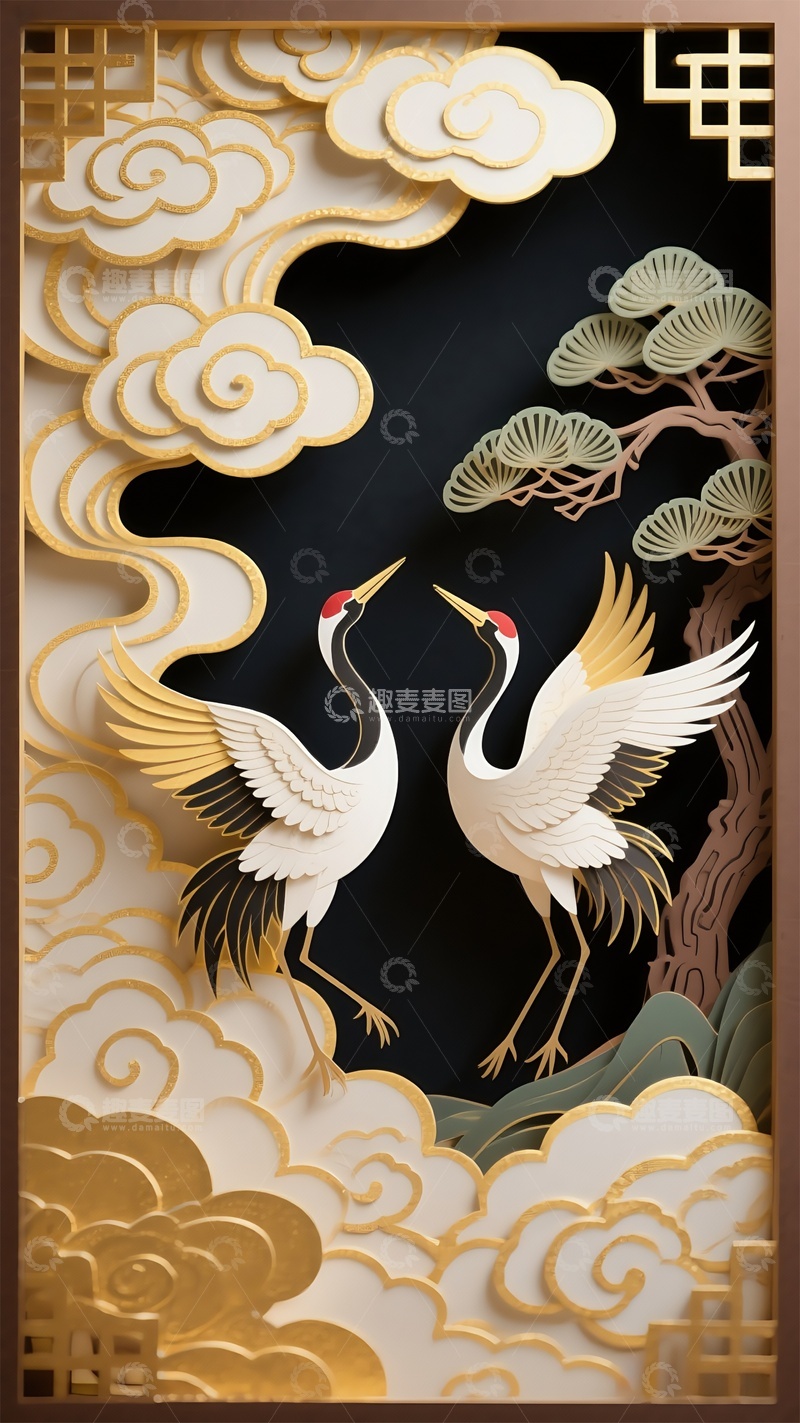 高清大图下载【趣麦麦图】国风浮雕仙鹤祥云艺术剪纸