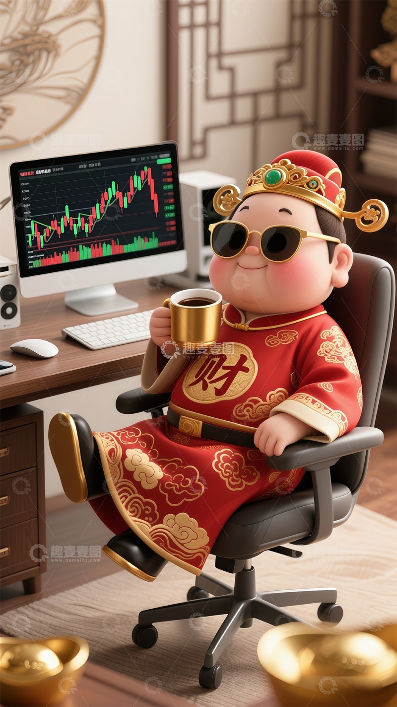 高清大图下载【趣麦麦图】3D渲染中国古代神话人物财神爷办公室