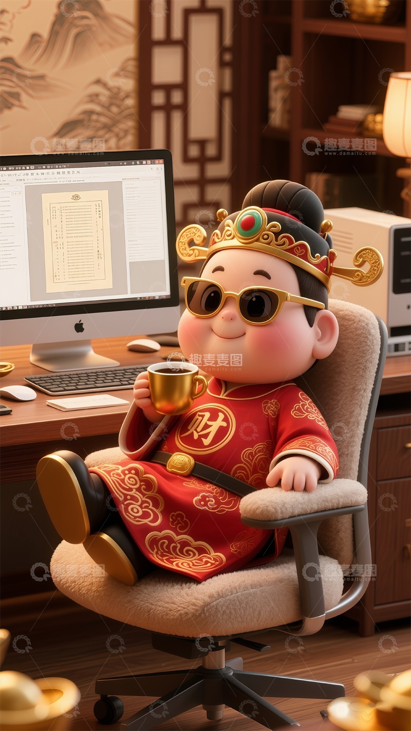 高清大图下载【趣麦麦图】梦幻卡通中国古代神话人物财神爷办公室