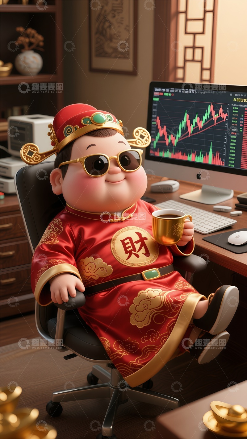 高清大图下载【趣麦麦图】卡通可爱中国古代神话人物财神爷办公室