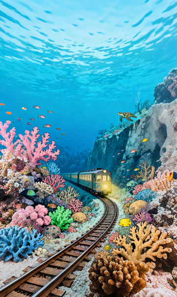 水下火车奇幻景观创意插画
