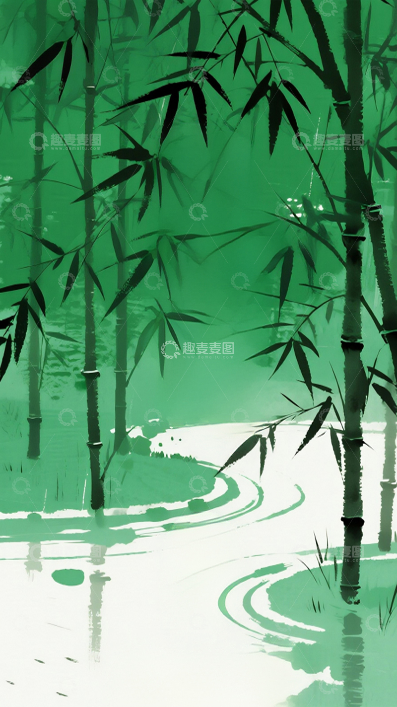 高清大图下载【趣麦麦图】水墨风格竹林创意插画