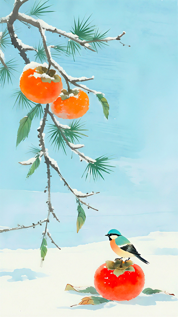 水墨风格柿子树创意插画