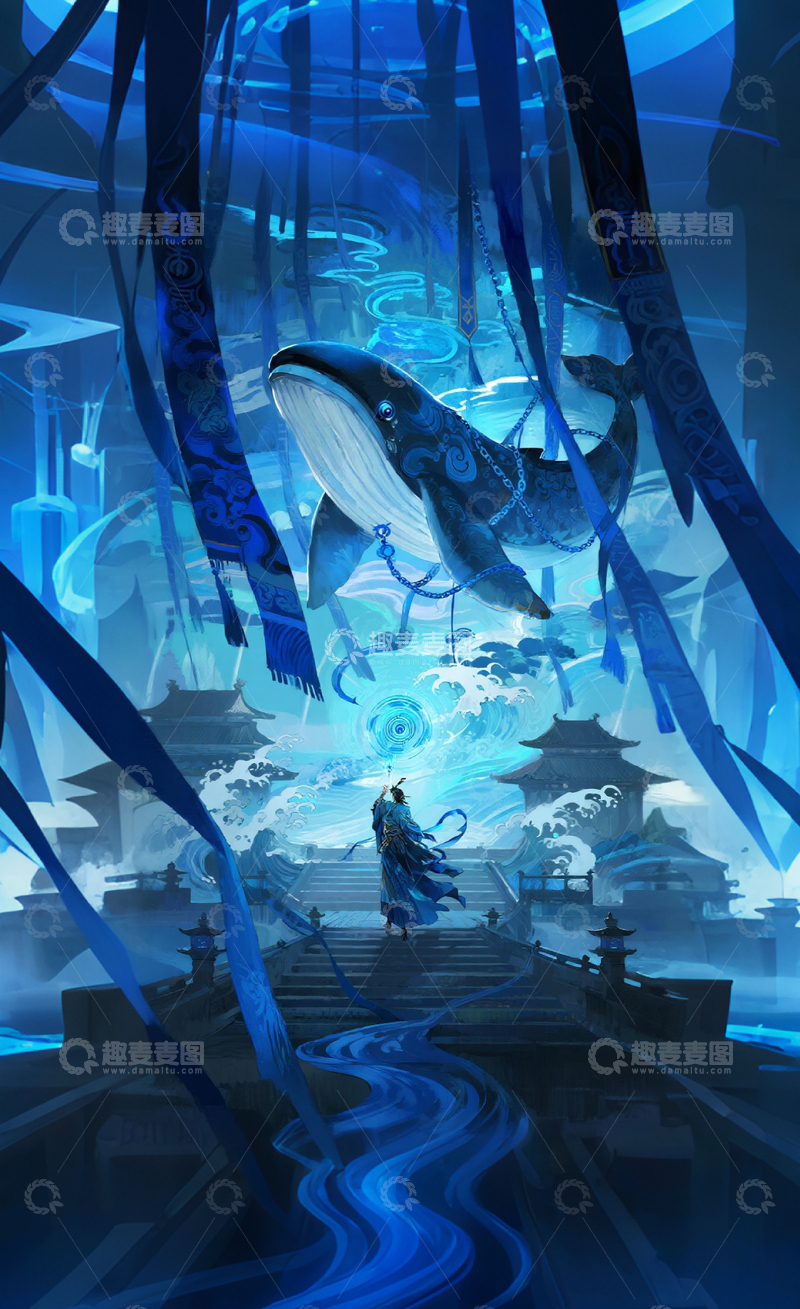 高清大图下载【趣麦麦图】幻想古风鲸鱼飞舞场景插画