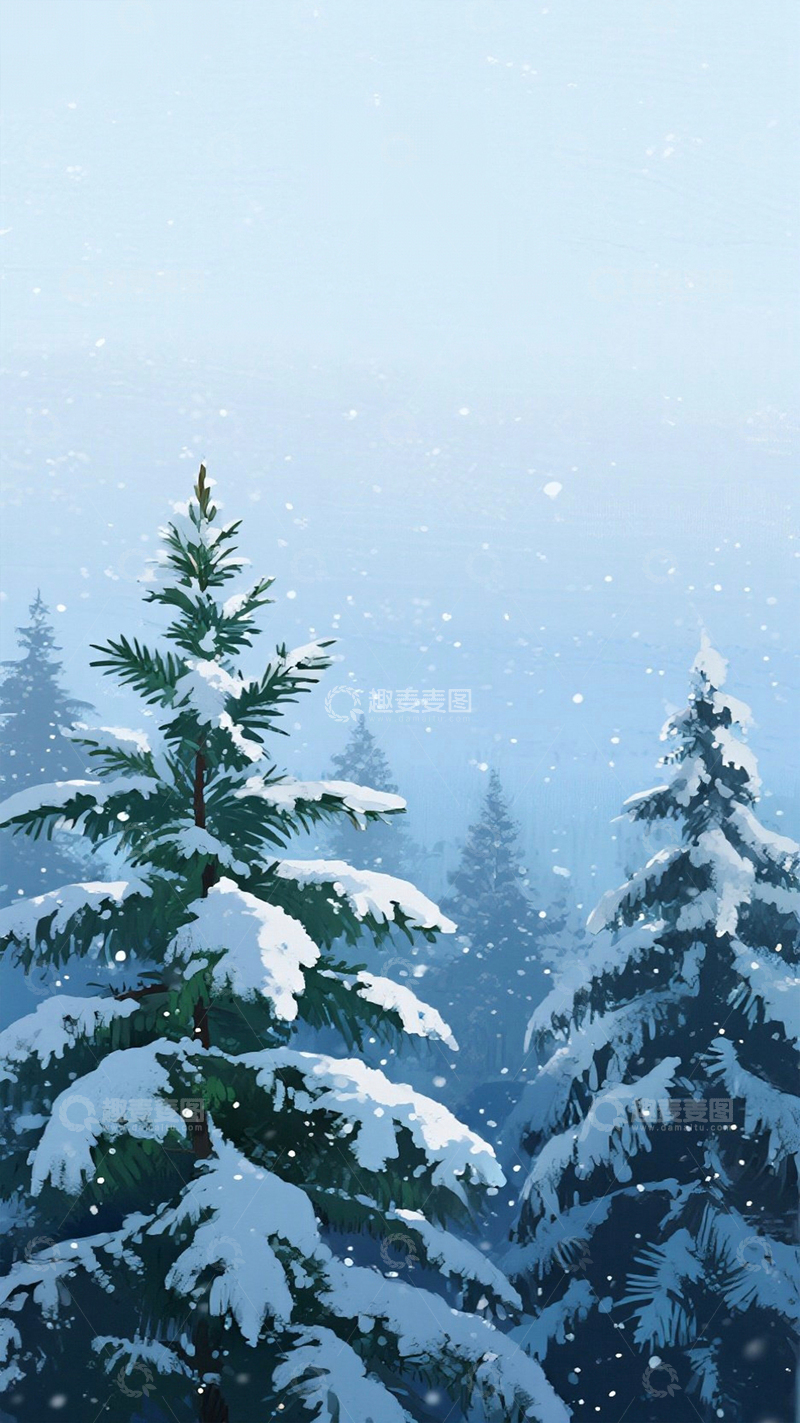高清大图下载【趣麦麦图】挂霜的松树林插画