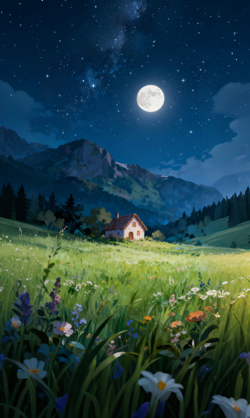 动漫风山间小屋夜景插画