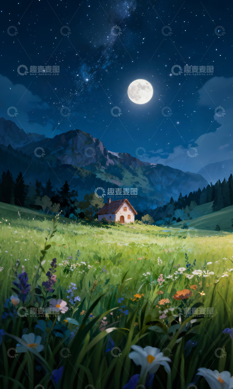 高清大图下载【趣麦麦图】动漫风山间小屋夜景插画